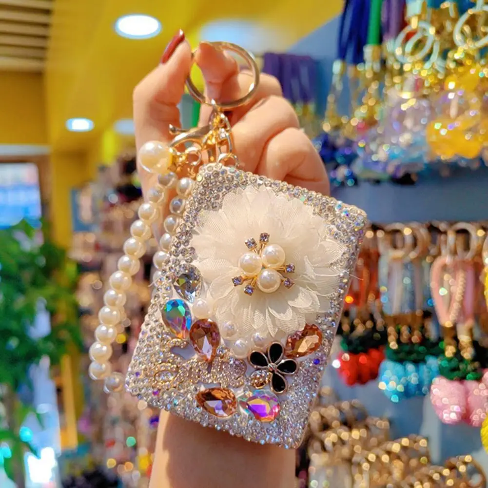 Portable Makeup Mirror Rhinestone Double-sided Pocket Mirror Keychain Bling Travel Folding Makeup Mirror Bead String for Women