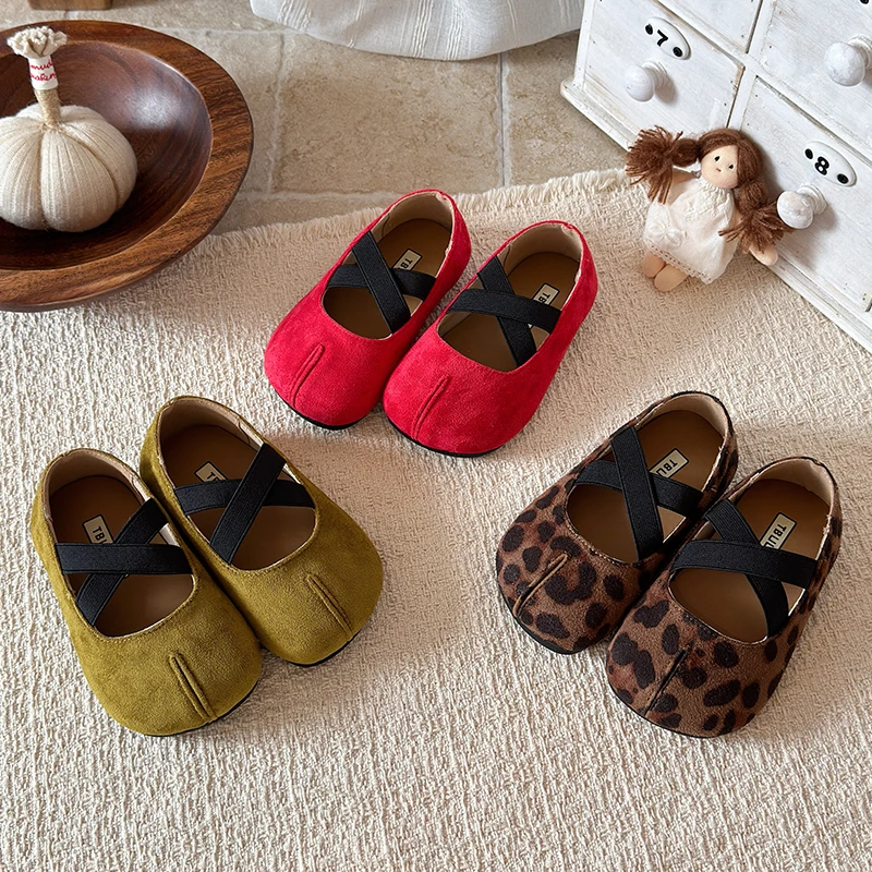 Girls Ballet Dress Shoes Leopard Children Flats Cross Shoes Soft Sole Non‑Slip Kids Princess Casual Shoes Spring Autumn New
