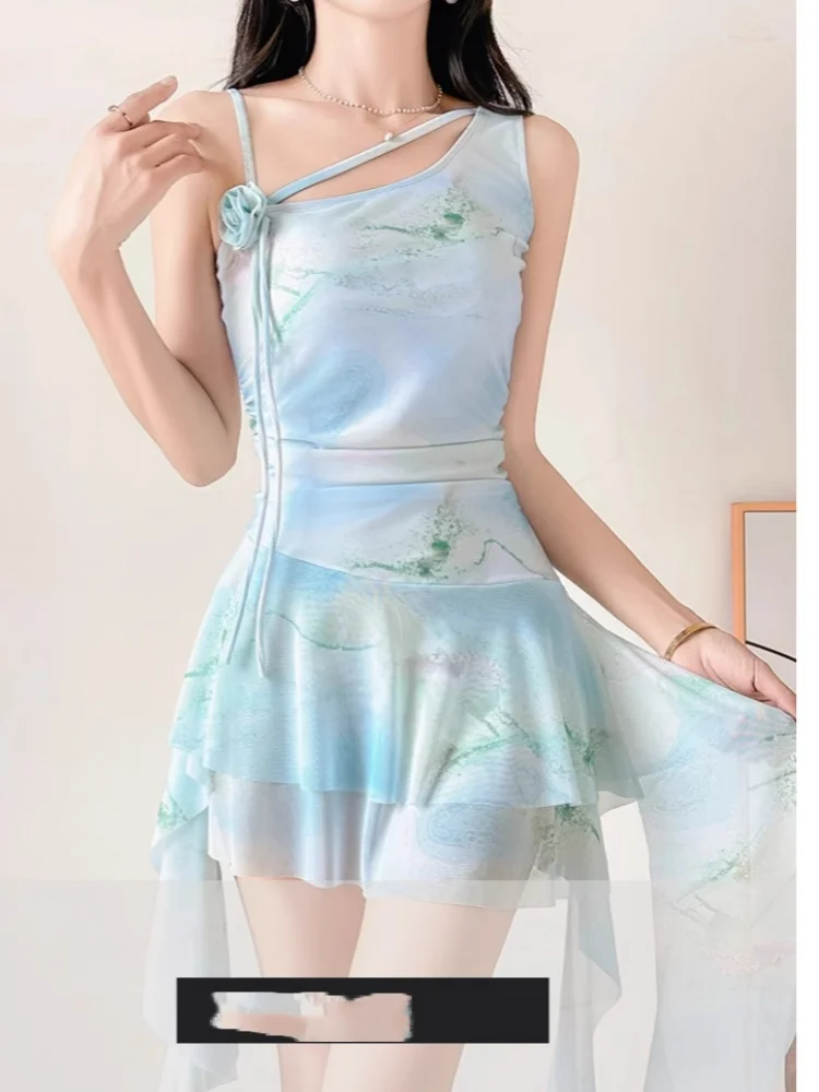 Conservative Tie Dye Beautiful Swimsuit Young Women One-piece Flat Corner Skirt Flat Corner Slim Vacation Swimsuit beach clothes