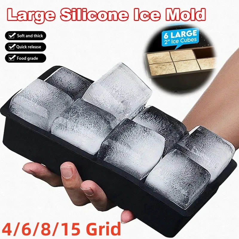 4/6/8/15 Grid Big Ice Tray Mold Giant Jumbo Large Food Grade Silicone Ice Cube Square Tray Mold DIY Ice Maker Ice Cube Tray