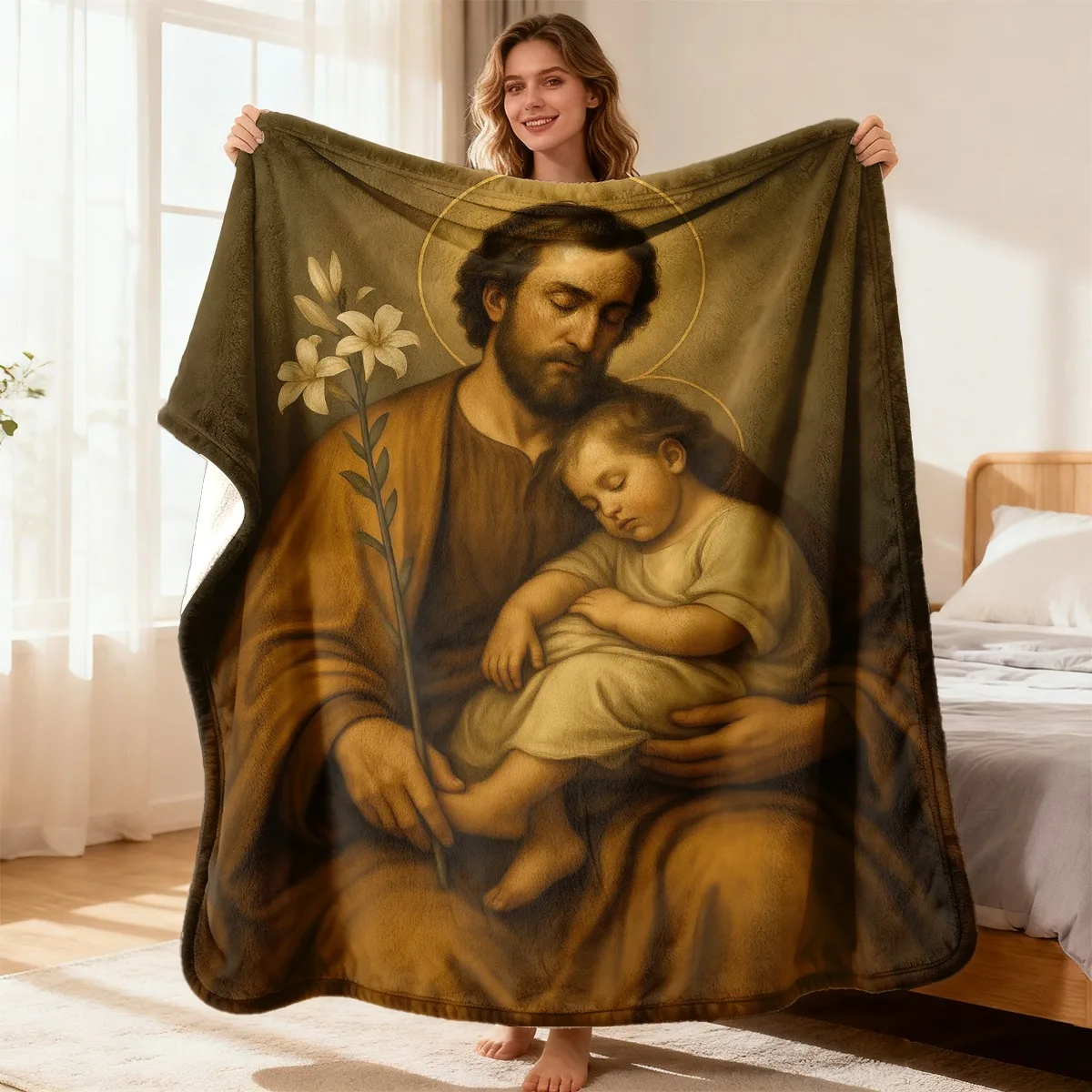Customize A Luxurious Flannel Sofa Blanket Featuring Saint Joseph And Christ, Perfect for The Office Or As a Christmas Gift, Off