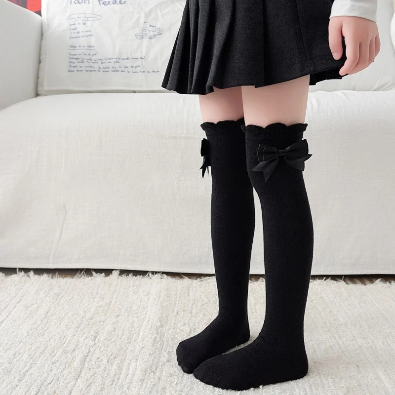 Lange Röhrensocken für Mädchen, Frühling/Sommer, dünne, gewellte Kniestrümpfe aus Baumwolle mit Schleife, süße Prinzessinnenstrümpfe – Detail 4