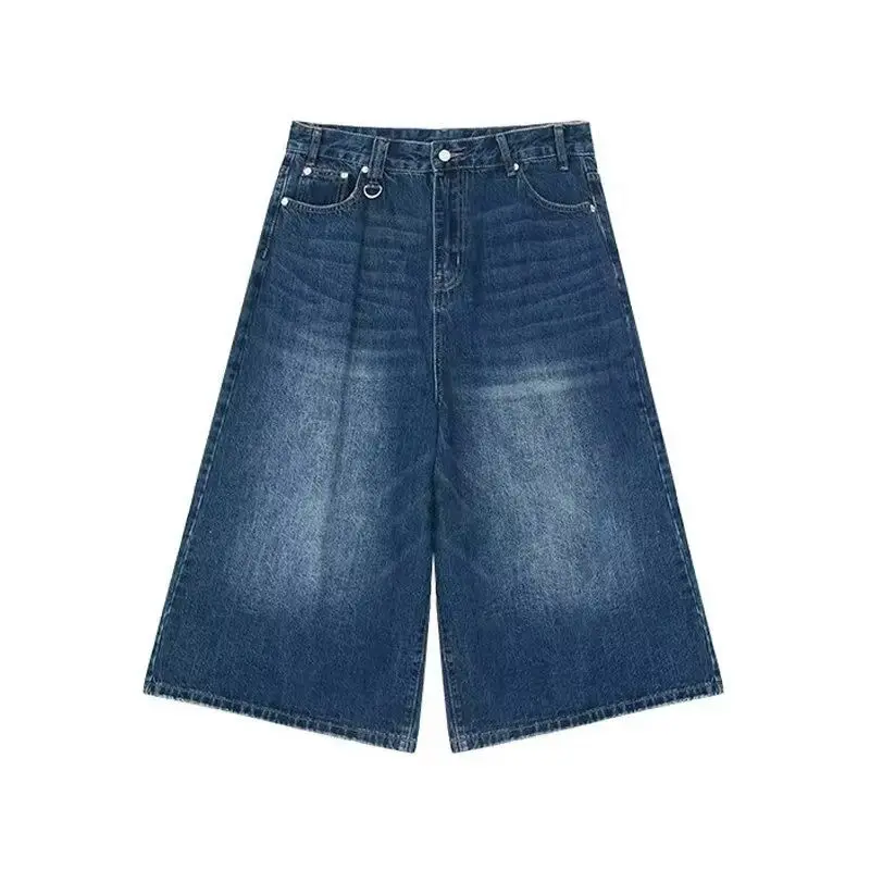 Calças Jeans Baggy Retro Y2K para Mulheres e Homens, Pretas, de Cintura Baixa, Calças Largas Casuais, Shorts de Denim Desfiados, Roupas de Tamanho Gra