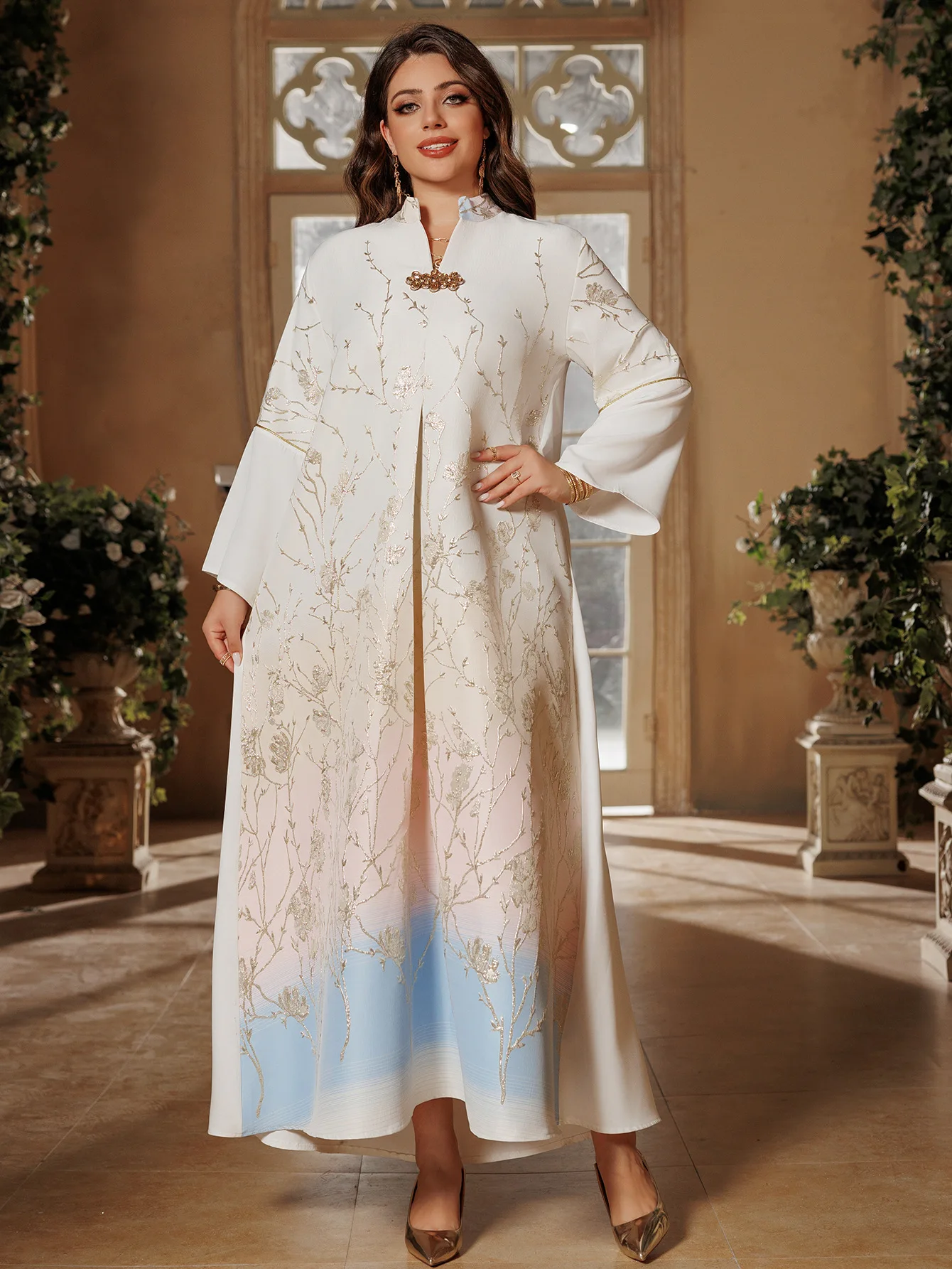 Dubai Muslim Women Maxi Dress Jacquard Embroidered Abaya Dress Kaftan Long Sleeve V-neck Abaya Islamic Jalabiya Moroccon Casual