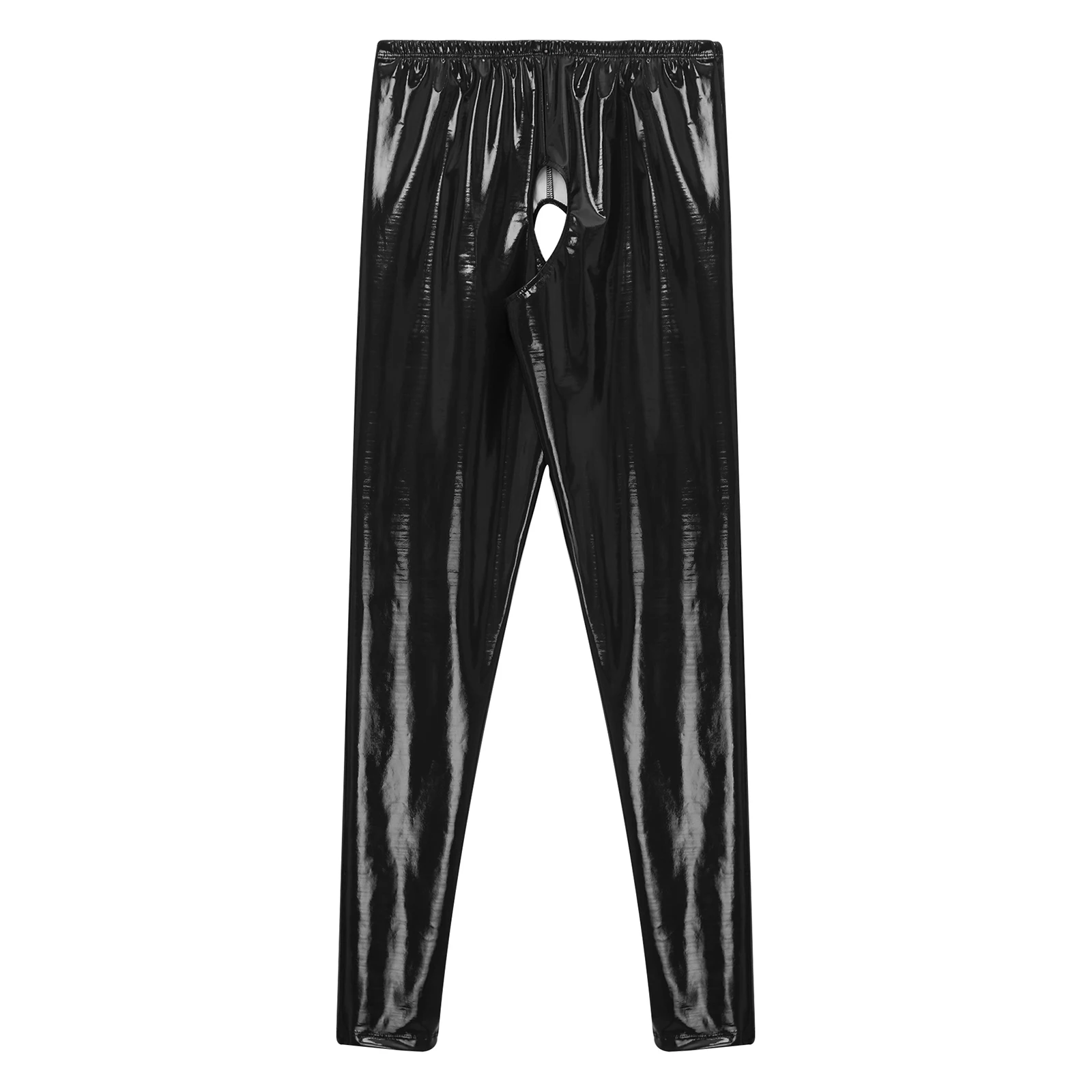 Womens Glossy Patent Leather Crotchless Pants Elastic Waistband Leggings High Waist Slim Fit Long Pants Pole Dancing Clubwear