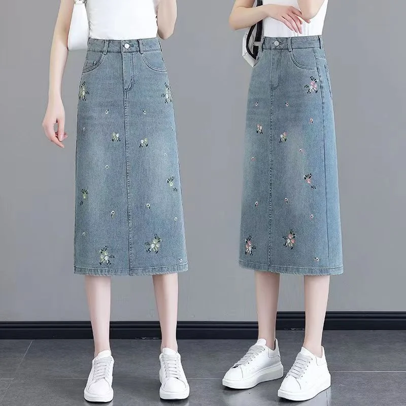 Indústria pesada bordado cowboy saia primavera/verão novo 2026 divisão de cintura alta saia de comprimento médio parece fino senhora saia emagrecimento