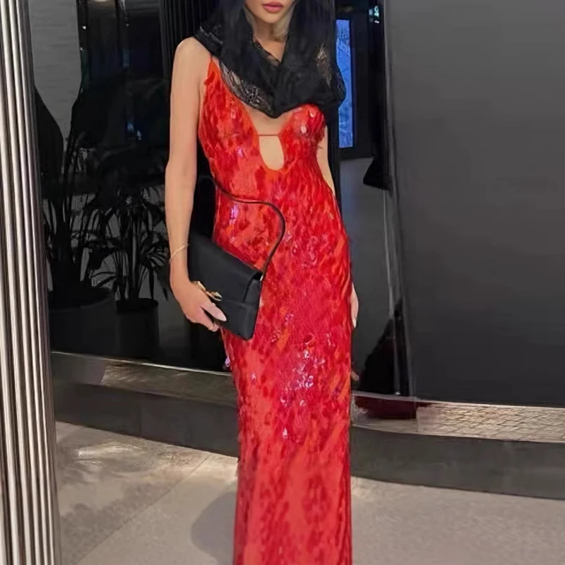 Elegancka sukienka klubowa z głębokim dekoltem w serek, modna, błyszcząca, cekinowa, dopasowana sukienka na ramiączkach, damska seksowna sukienka bez rękawów, długa, jednolita.