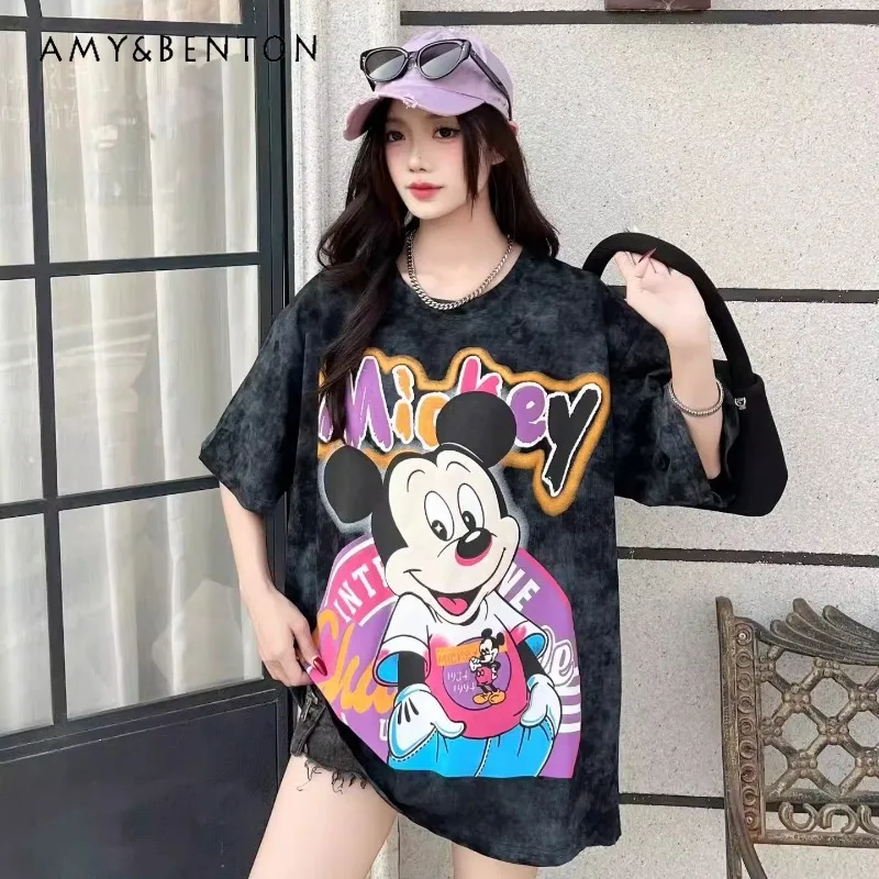 

2026 Early Spring New Style Heavy Craft Printed Cartoon Loose Short-sleeved T-shirt Oversized Top Pullover Women's Y2k Clothes