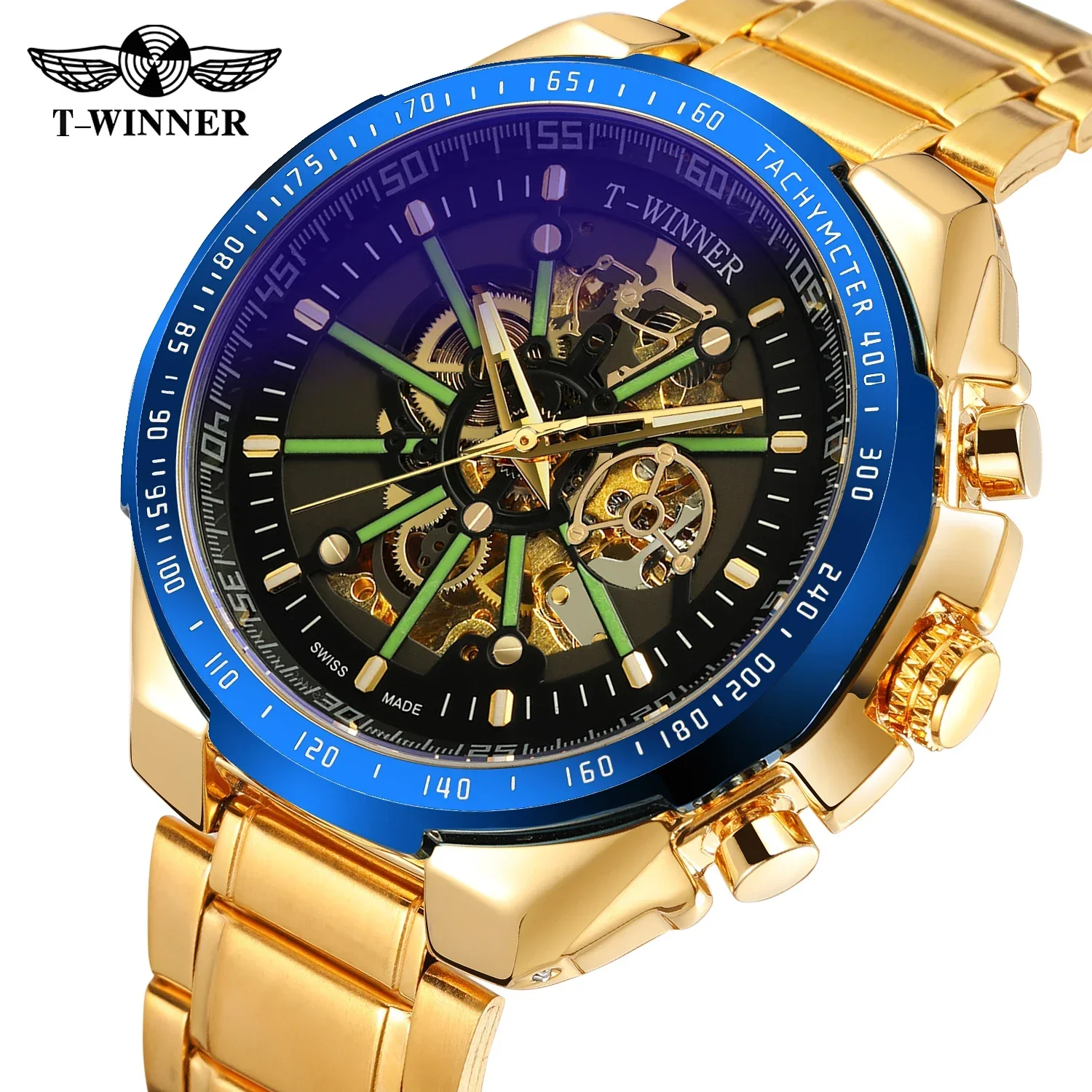 T-WINNER Sport Luminous Watch For Man Automatic Skeleton Mechanical Blue Glass Hollow Dial Stainless Steel Casual Man Wristwatch