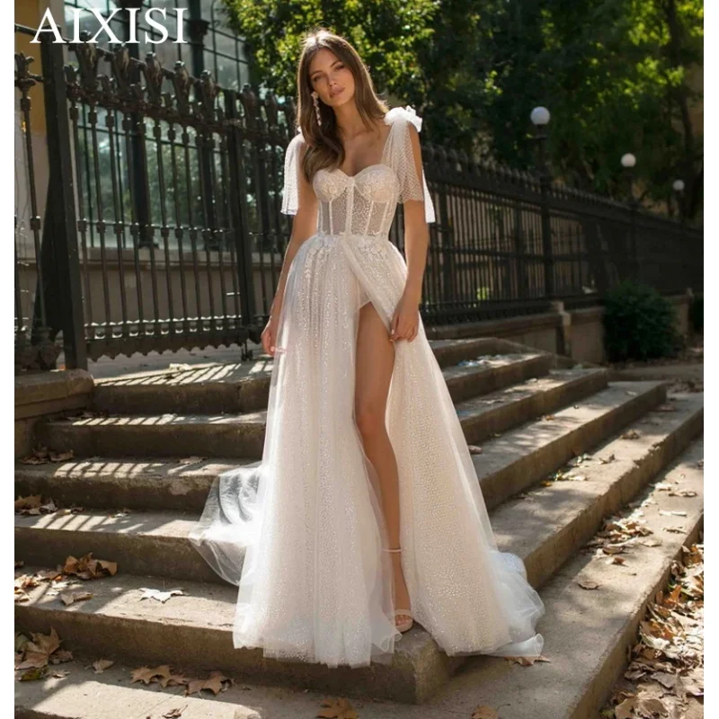 Exquisite A-Line High Side Sbed Wedding Dress Bohemian Wedding Dress Vestidl Wedding Dress Sinetheart Spaghetti Strapless