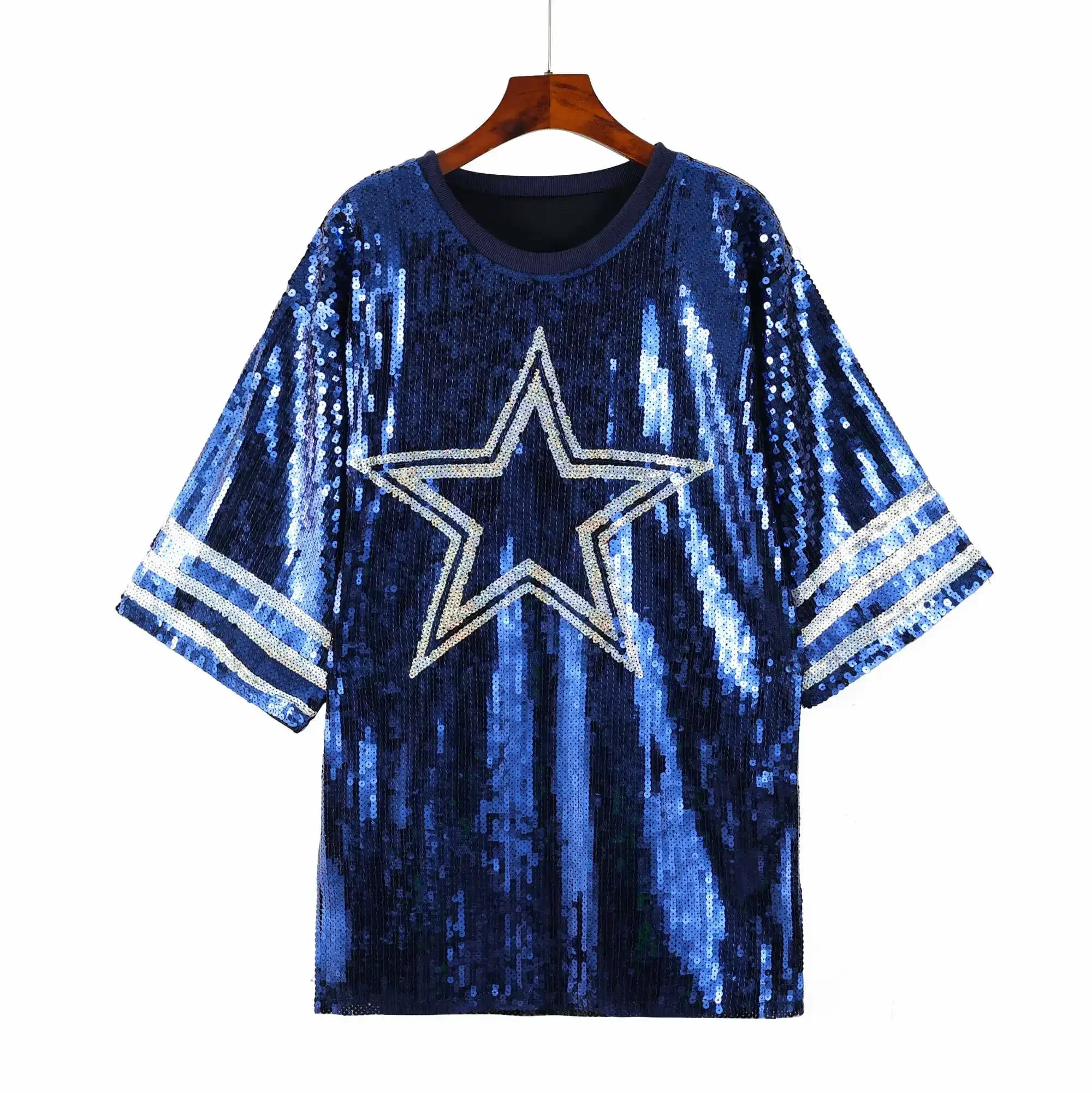

Новая женская футболка синего цвета с вышивкой звездами, с коротким рукавом, с пайетками, командная форма с пентаграммой, одежда из пайеток