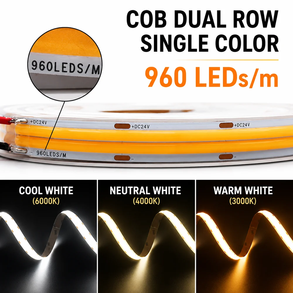 5M/lot DC 24 COB LED Strip 28W/M1600Leds CRI95+ UL Listed Light Dual Row High Density Flexible Tape 4000K Natural White