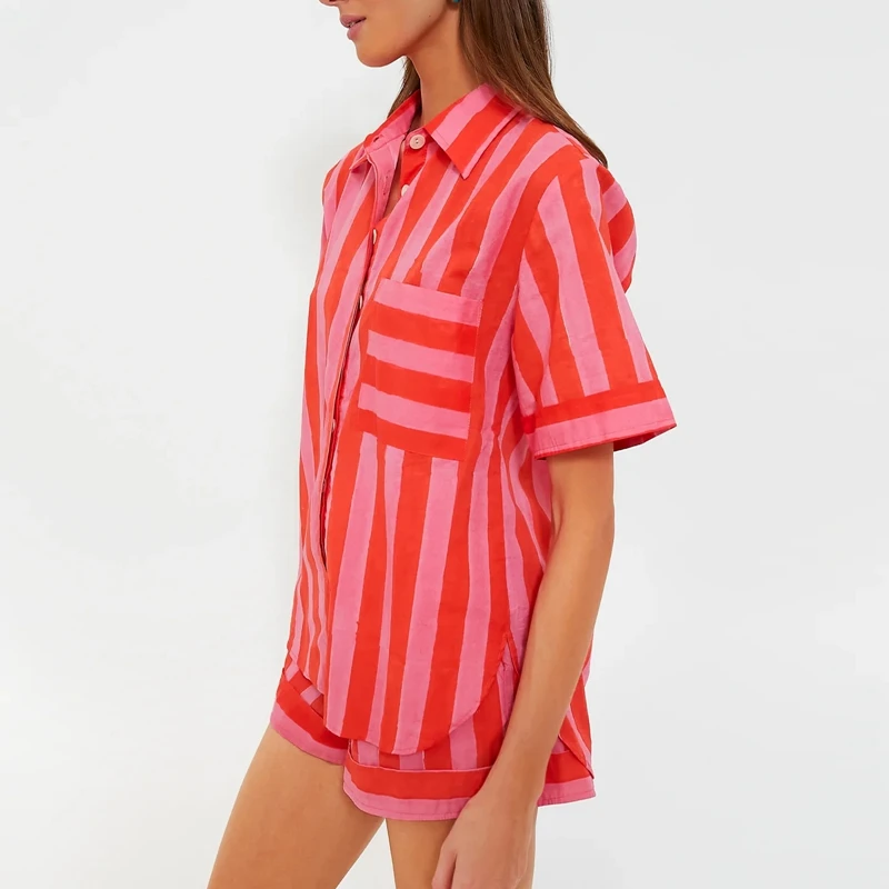 Stripe Print Short Sleeve Loose Blouse Shirt Tops + Shorts Sleepwear Outfits Women Pajamas Set 2 Pieces Loungewear Suits