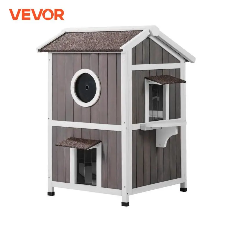 VEVOR Outdoor Cat House Weatherproof Feral Cat Shelter for Multiple Cat Large Outdoor Wooden Cat House with Doors&A Clear Window