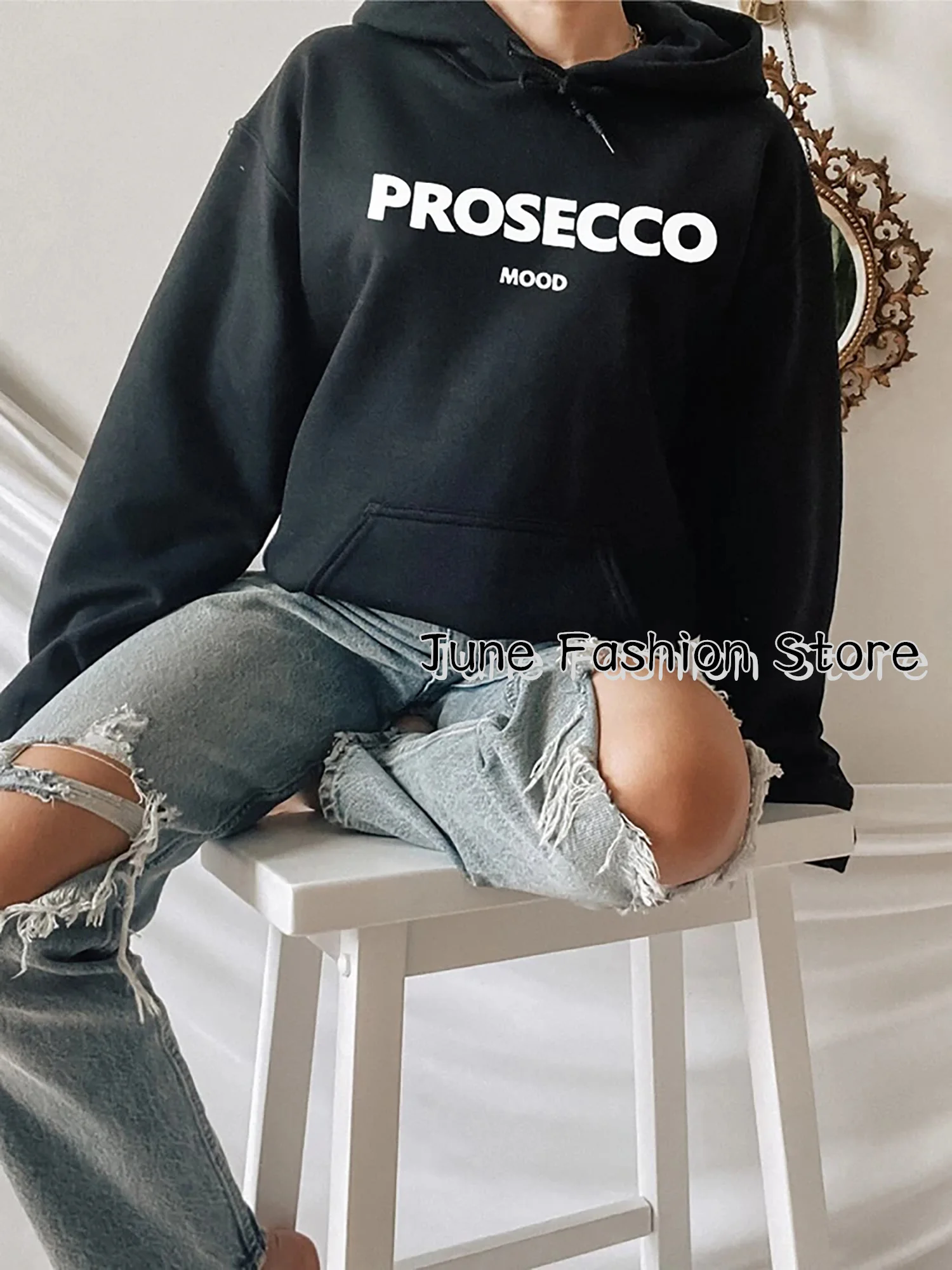 Autumn Women\'s Fashion Letter Printing Hoodie Casual Long Sleeve Pullover Female Clothing Ladies Chic Solid Color Streetwear