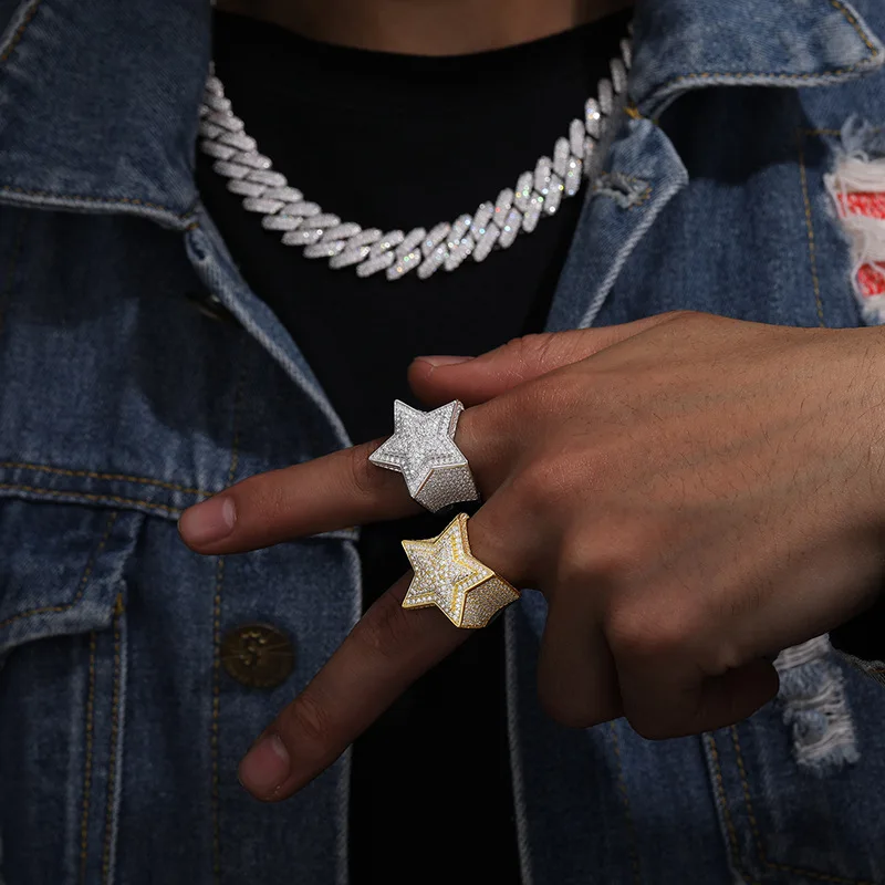 S925 Sterling Silver Moissanite Ring Pentagram Ring Moissani Hip-Hop Trendy Ring Accessories for Male and Female Rappers Street Party Decoration Exquisite Jewelry Valentine's Day/Commemorative Gifts Birthday Gifts Unique Jewelry