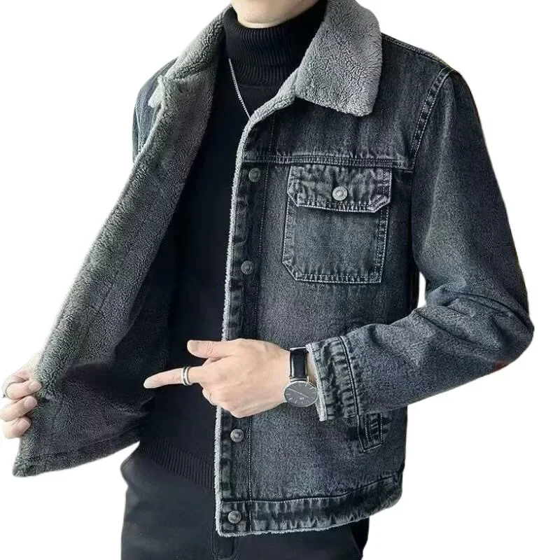 

Men's Winter Fleece Lined Denim Jacket Thickened Casual Style Warm Comfortable Workwear Coat High Street Fashion Jacket