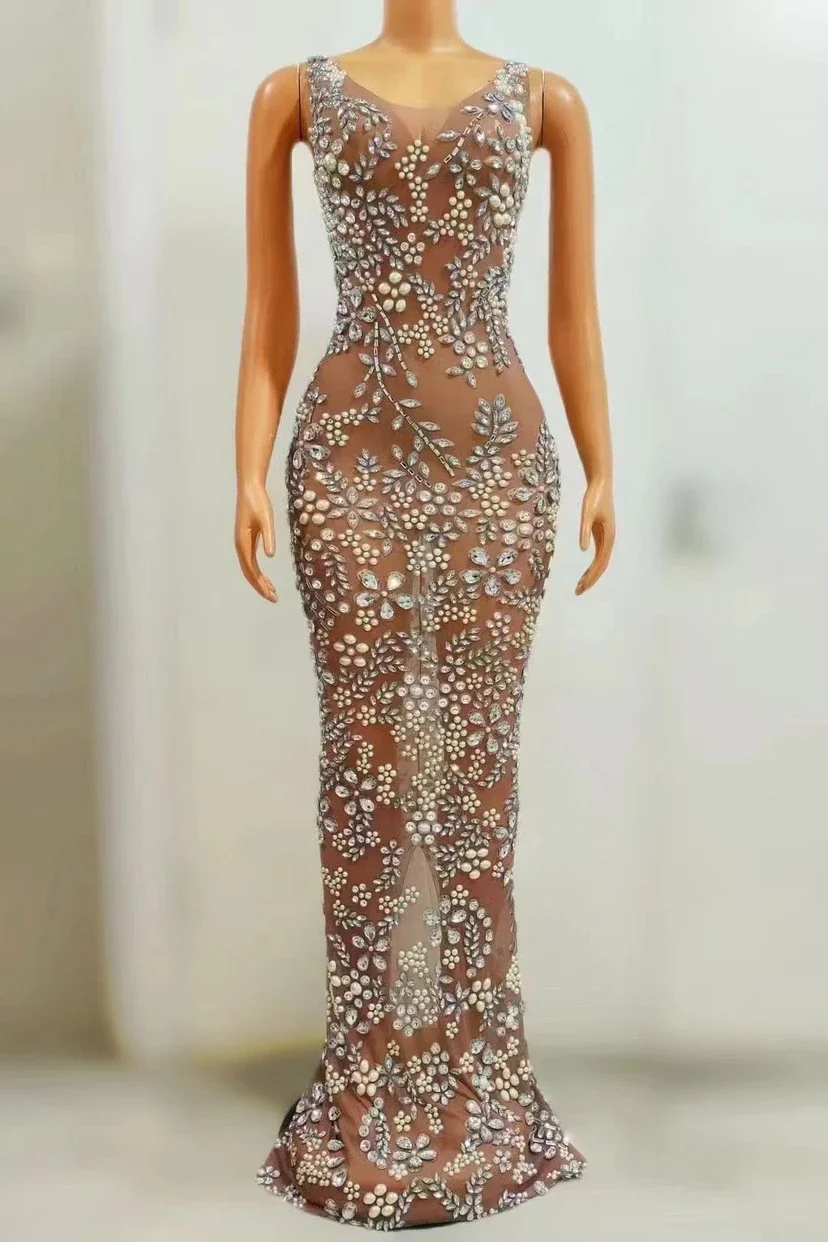 Luxury birthday dress Sheer Sleeveless Sparkly Crystals Beaded Dresses,Holiday Party Prom Dresses woman sexy new year dresses