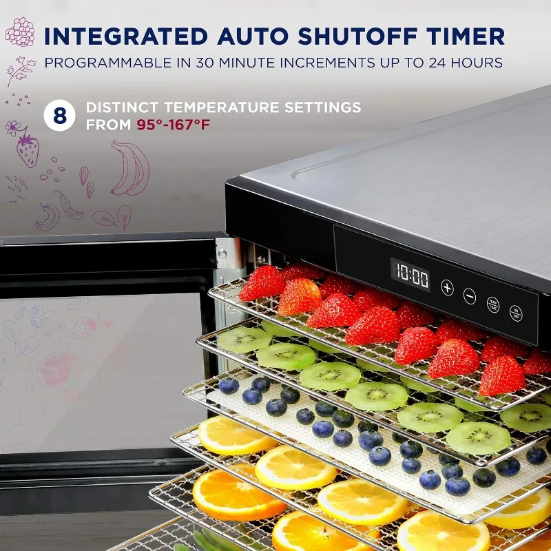 Ivation 10 Tray Commercial Food Dehydrator Machine | 1000w, Digital Adjustable Timer and Temperature Control | Dryer