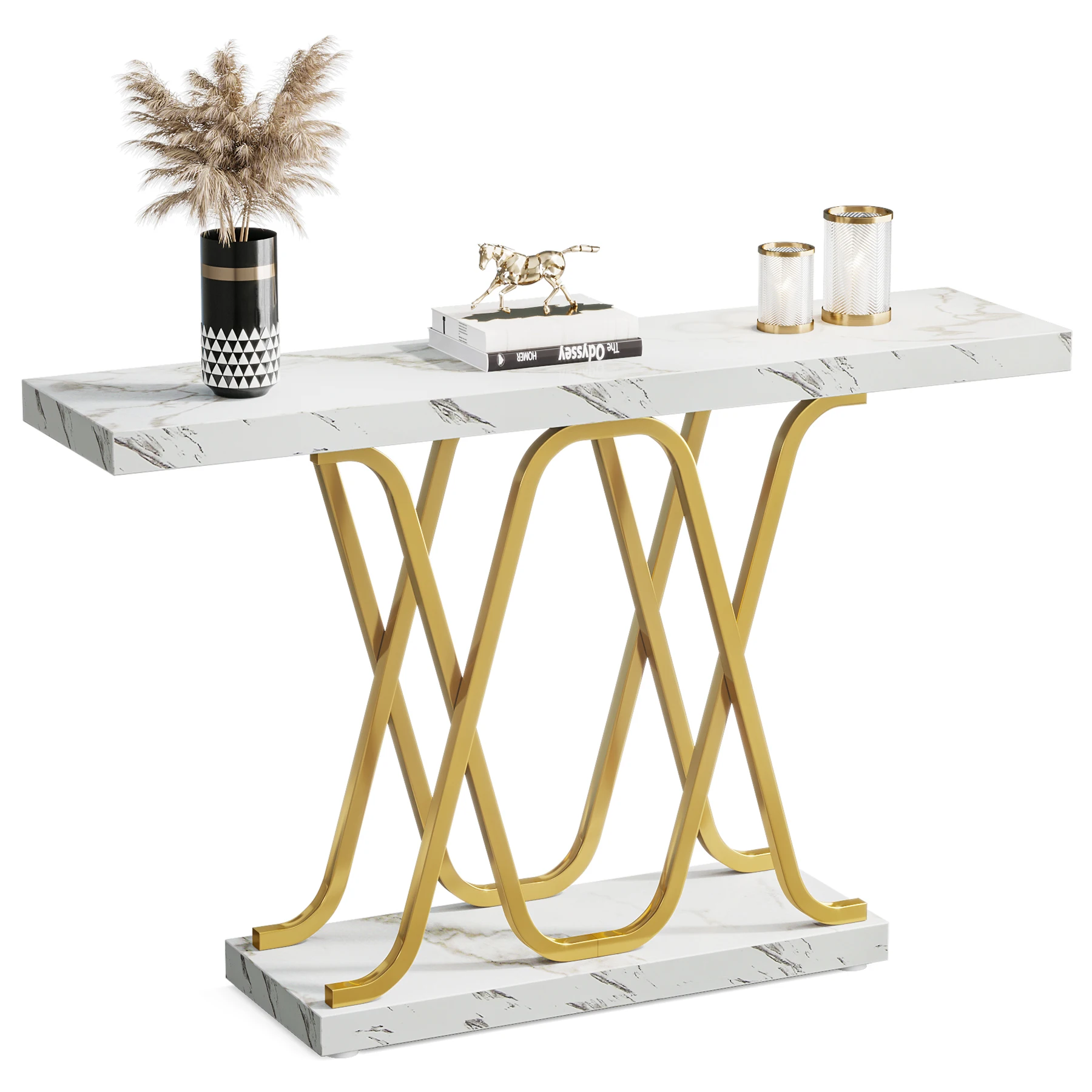 Modern Luxury Narrow Long Wooden Console Table with Geometric Gold Metal Legs for Living Room Entryway Hallway