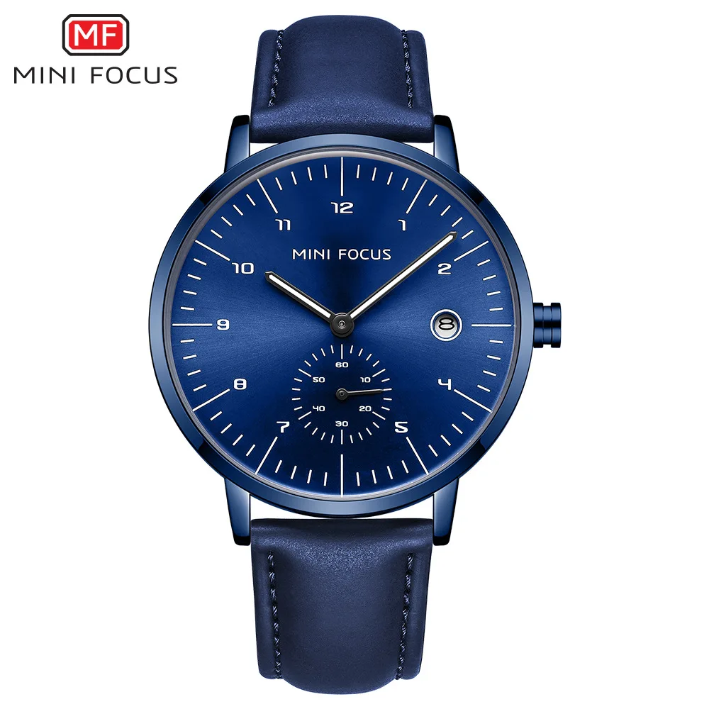 MINI FOCUS 0303 Men Quartz Watch Business Simple Black Leather Strap Analog Date Display Male Wristwatch Relogios Masculinos