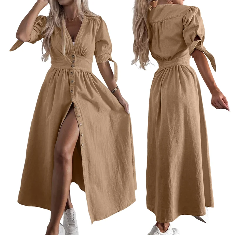 

CYL-Women's V-Neck Long Fashion Button Denim Dress Mid-Waist Short Sleeve Slit Maxi Dress