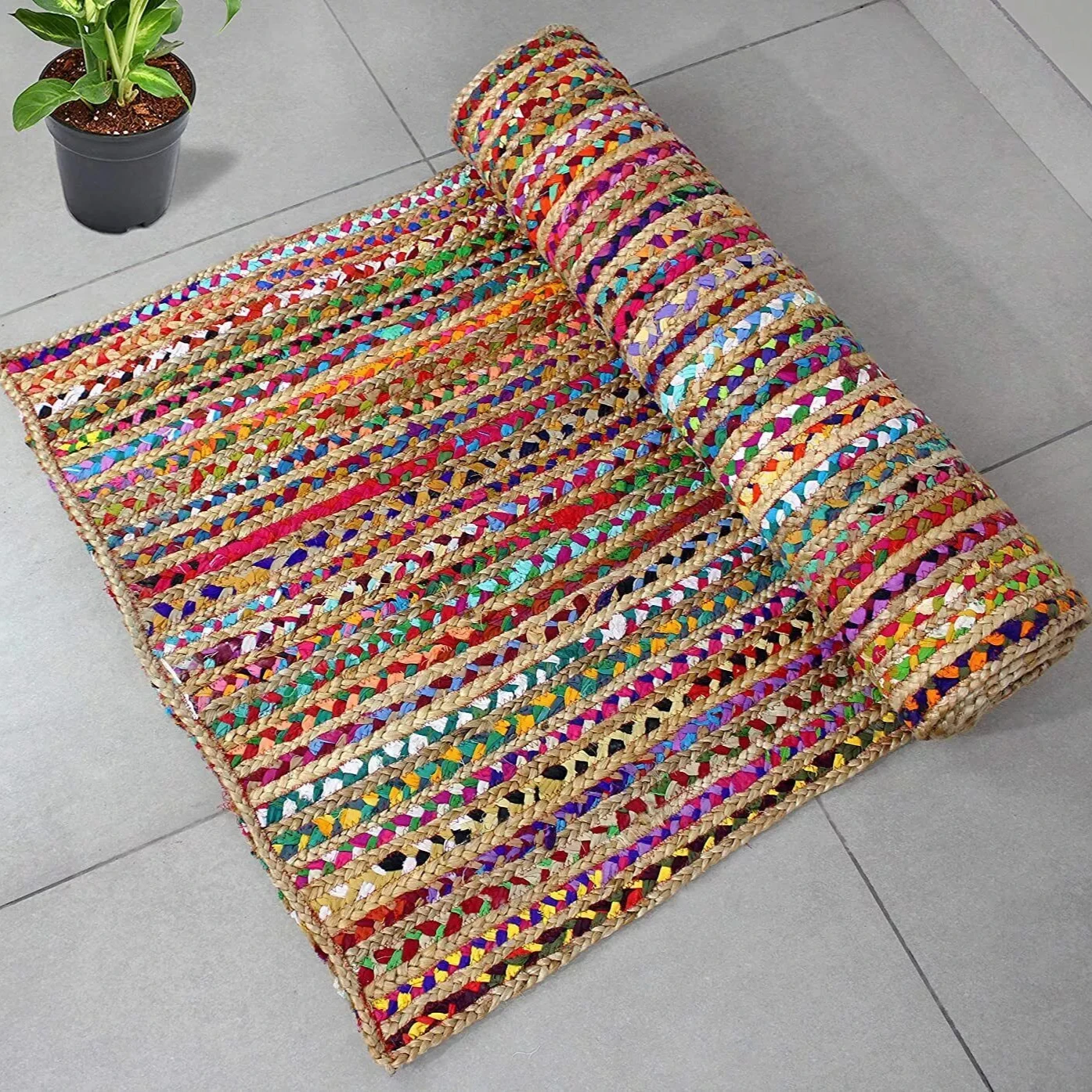 Multicolor Carpet Natural Jute and Cotton Mixed Striped Carpet Anti Slip and Easy To Clean Decorative Rug for Living Room