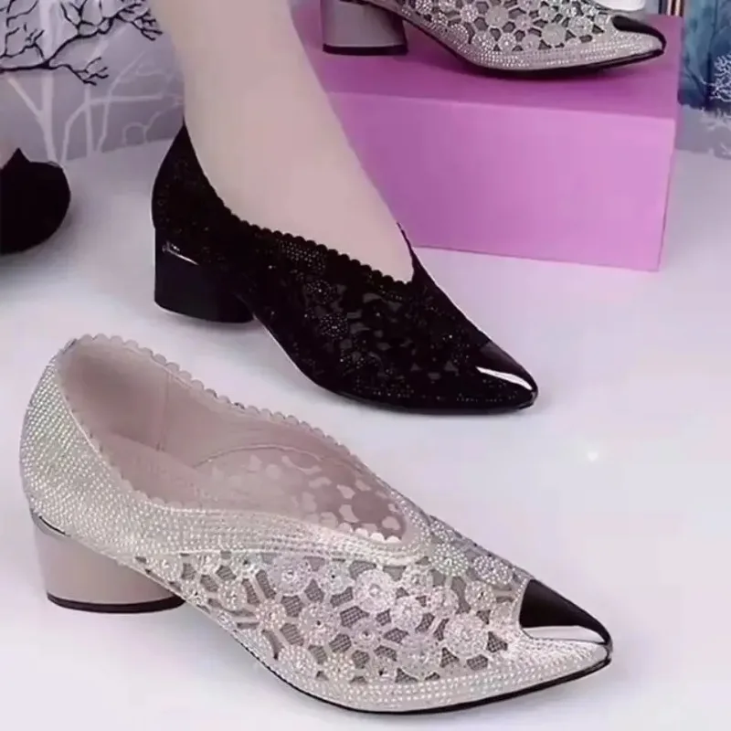 2024 Spring/Summer/Autumn Water Diamond High Heel Pointed Black Bow Women's Fashion Mesh Hollow Fashion Shoes