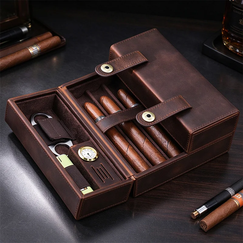 Crazy Horse Leather Cigar Humidor Portable Travel Cigar Case Holds 7 Cigars with Hygrometer Humidifier Storage Slot Gifts