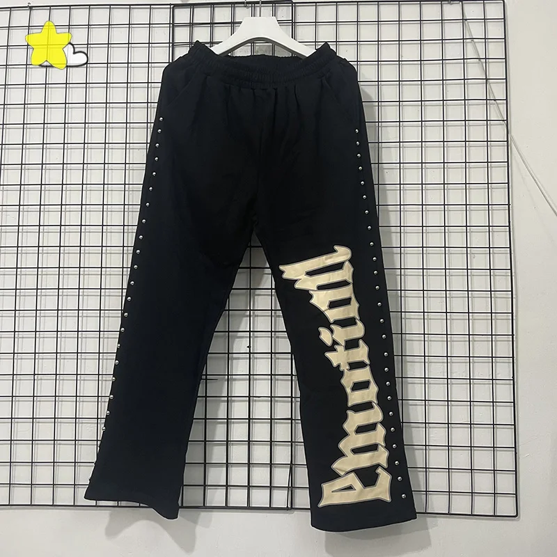 

High Quality Cotton Light Apricot Black Jogger Drawstring Rivet Pants Men Women Letters Logo Print MIXED EMOTION Sweatpants