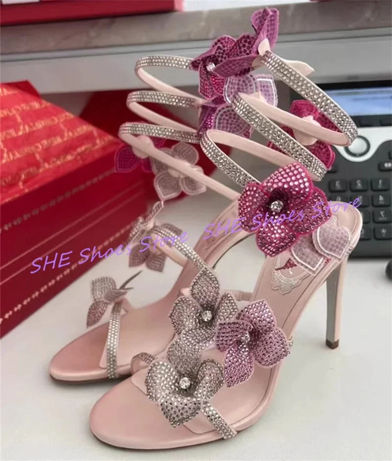 

Luxury Rhinestone Flowers Ankle Strap Women Sandals Peep Toe Thin High Heel Narrow Band Pumps Ladies Party Dress Gladiator Shoes