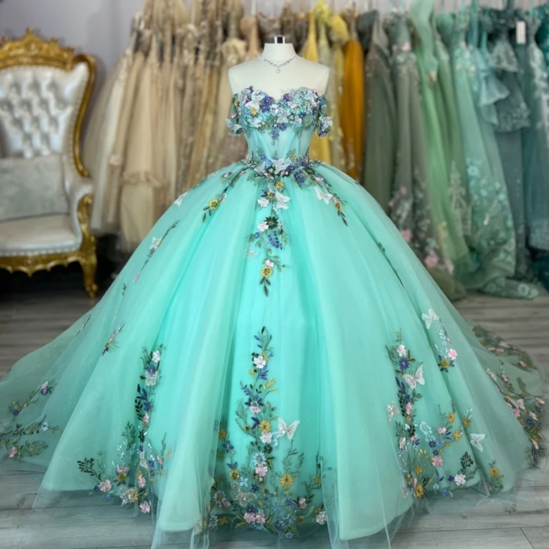 

Mint Green Shiny Ball Gown Quinceanera Dresses Off The Shoulder Applique Bow Beading Crystal Tull Party Birthday Sweet 16 Dress