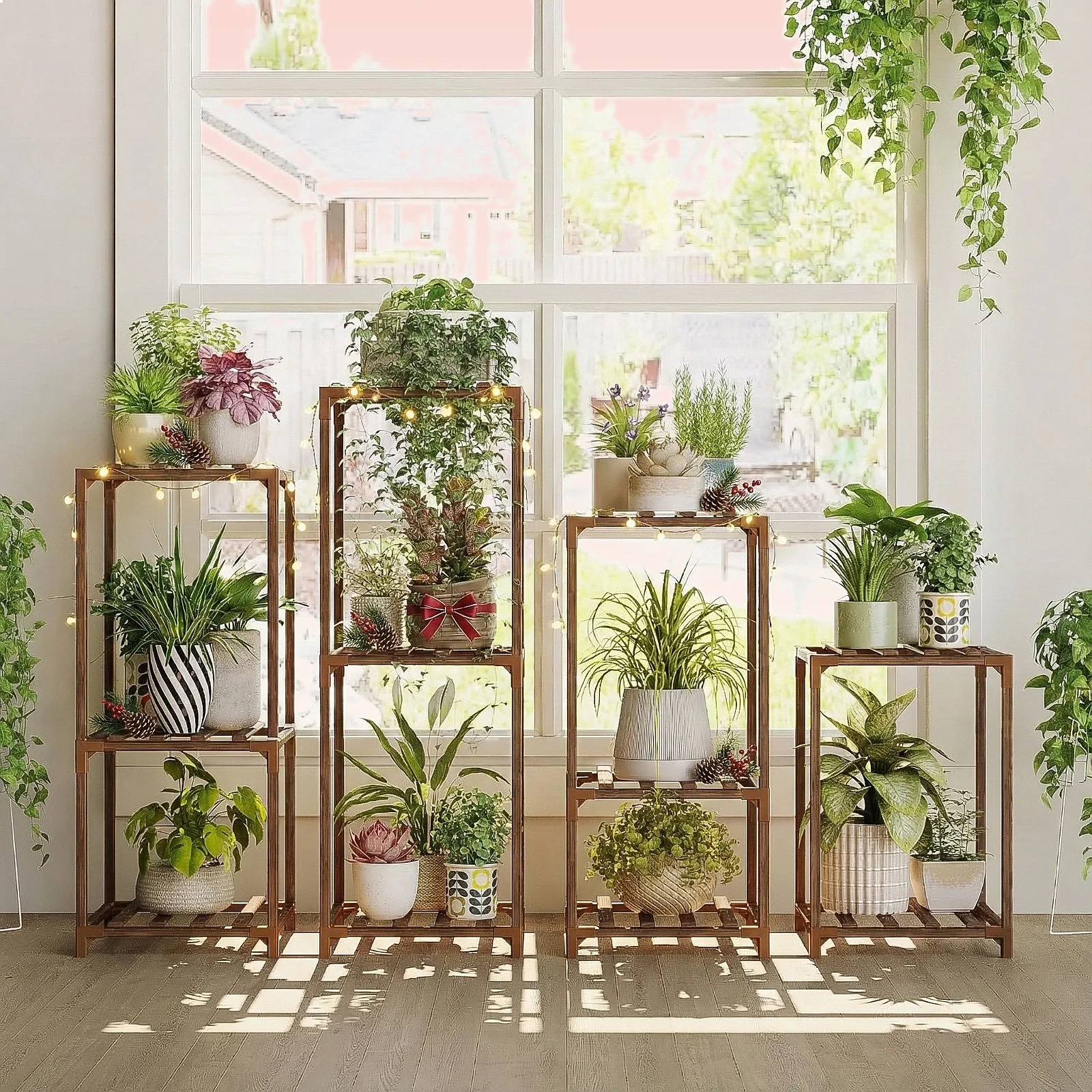 Bamworld Plant Stand Indoor 4 Tier Wooden Shelves Outdoor Plant Holder Display Rack