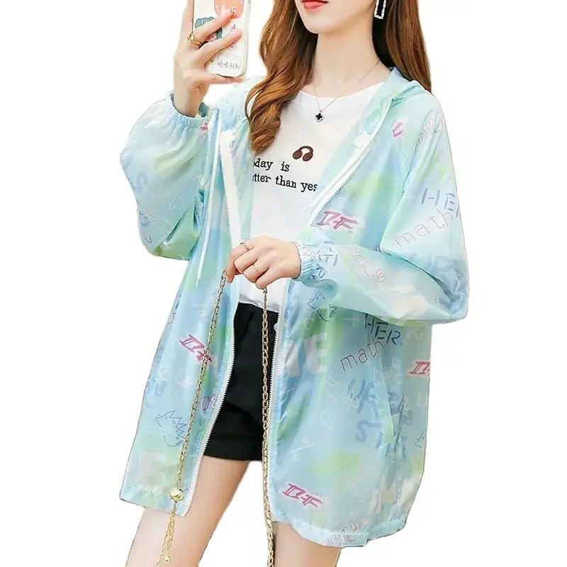 

2022 New Sun-Proof Clothing Women's Summer Thin Graffiti Jacket Anti-UV Breathable Loose Hooded Coat Sunscreen Clothing Outerwe