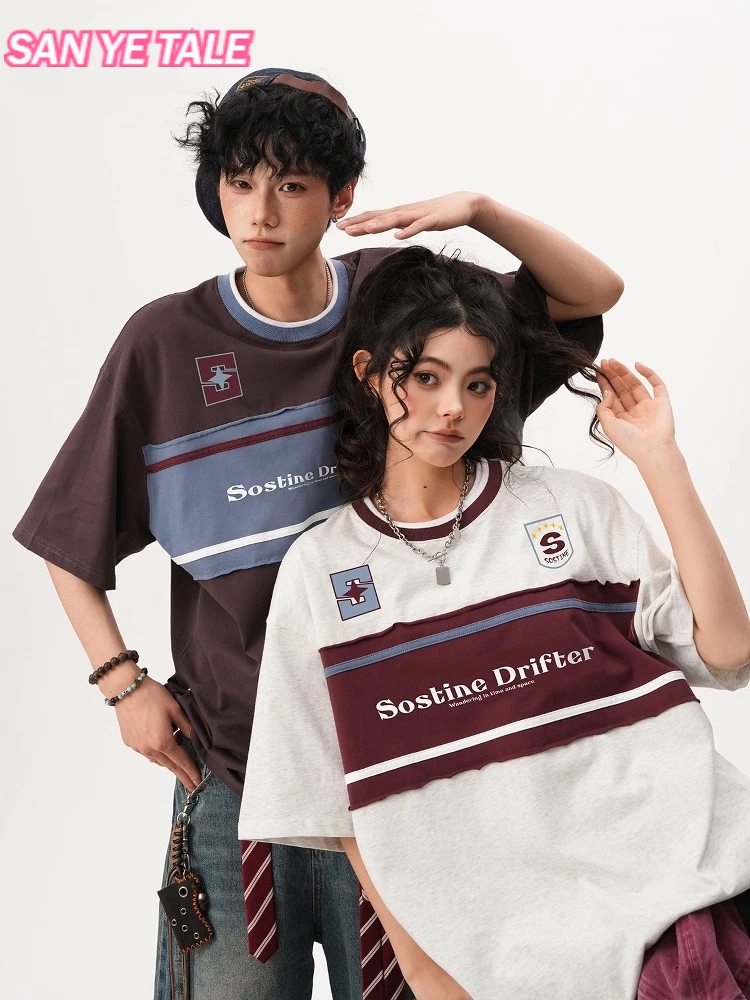

American Embroidery Splicing Short Sleeved Men and Women 2025 Summer New Item Heavyweight Contrasting Loose Couple T-shirt