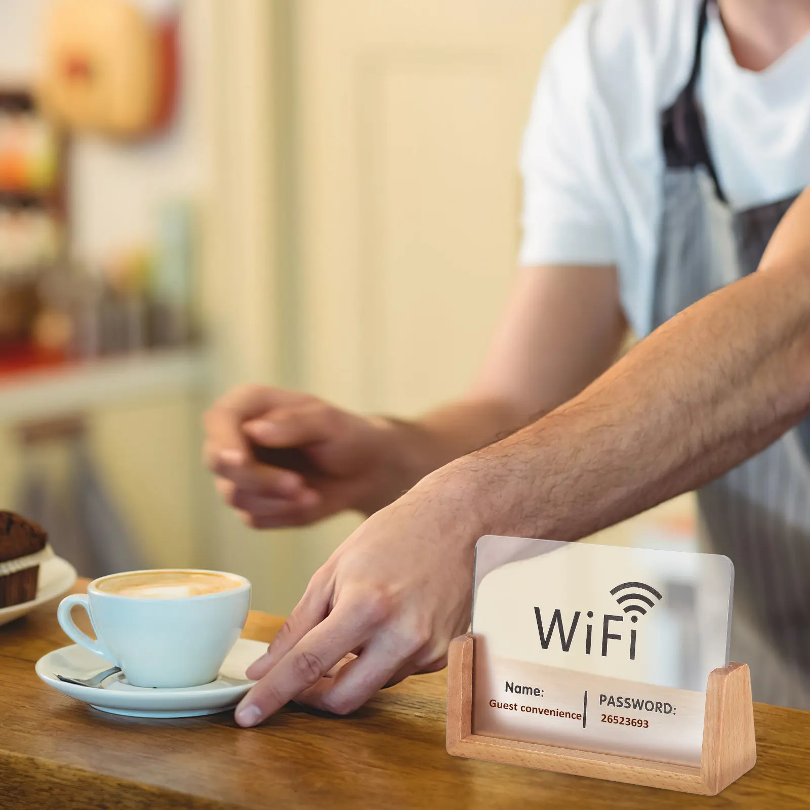 Desk WiFi Password Sign Acrylic Transparent Board Mounted on Premium Wooden Stand Easy Guest Connectivity Professional Tabletop