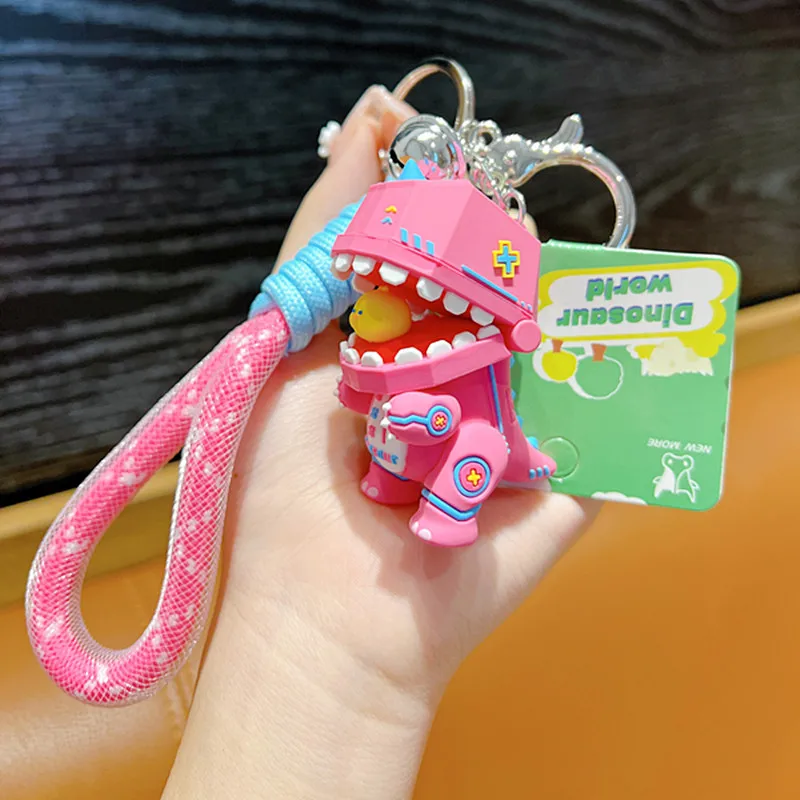 Cool Mech Dinosaur Chick Keychain Fashion Punk Animal Doll Keyring School Bag Pendant Key Chain for Kids Boy Friends Gift