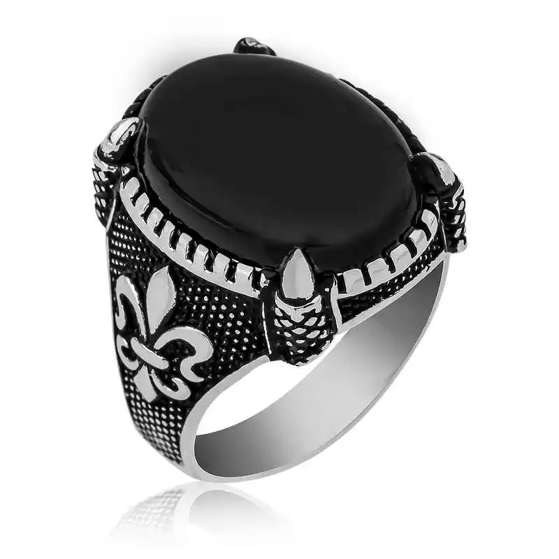 ​Silver Lily Flower Patterned Claw Men's Ring - 925 Sterling Men Jewelry Wedding Party Birthday Gift - Box - Stone - for Man - Fashion - Botiva - Size - Turkish - Patterned Embroidered