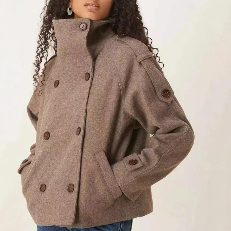 

2026 Autumn/Winter New European American Style Women's Wear Solid Color Double-breasted Stand-up Collar Pocket Woolen Outerwear