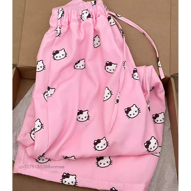 Pink Sweet Hello Kitty Casual Pants Y2k Women\'s Loose Oversize Wide Leg Pants Sanrio Streetwear Fashion Cartoon Summer Clothing