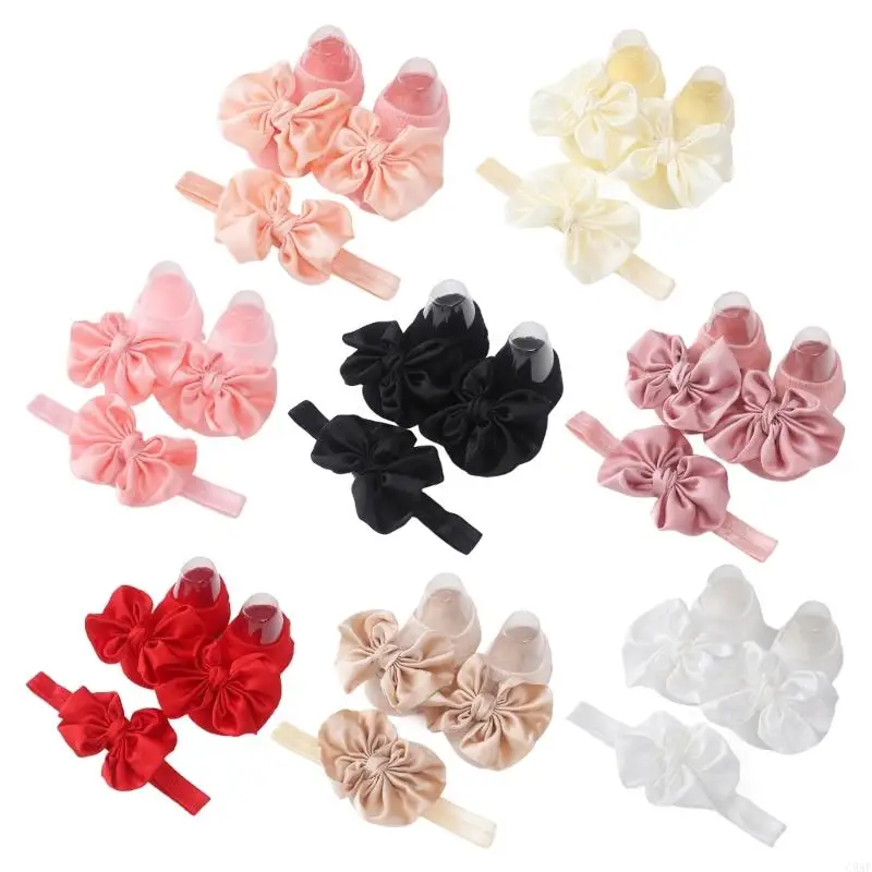 

C5AF Baby Non-Slip Floor Socks & Bow Headbands Breathable Bowtie Socks FirstWalkers Shoes Infant Elastic Hairband Shower Gift