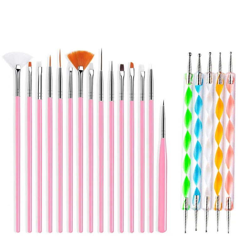 

20Pcs/Set Nail Art Brush Painting Drawing Carving Dotting Double Pen FlatFan Liner Acrylic Gel UV Polish For DIY Manicure Tools