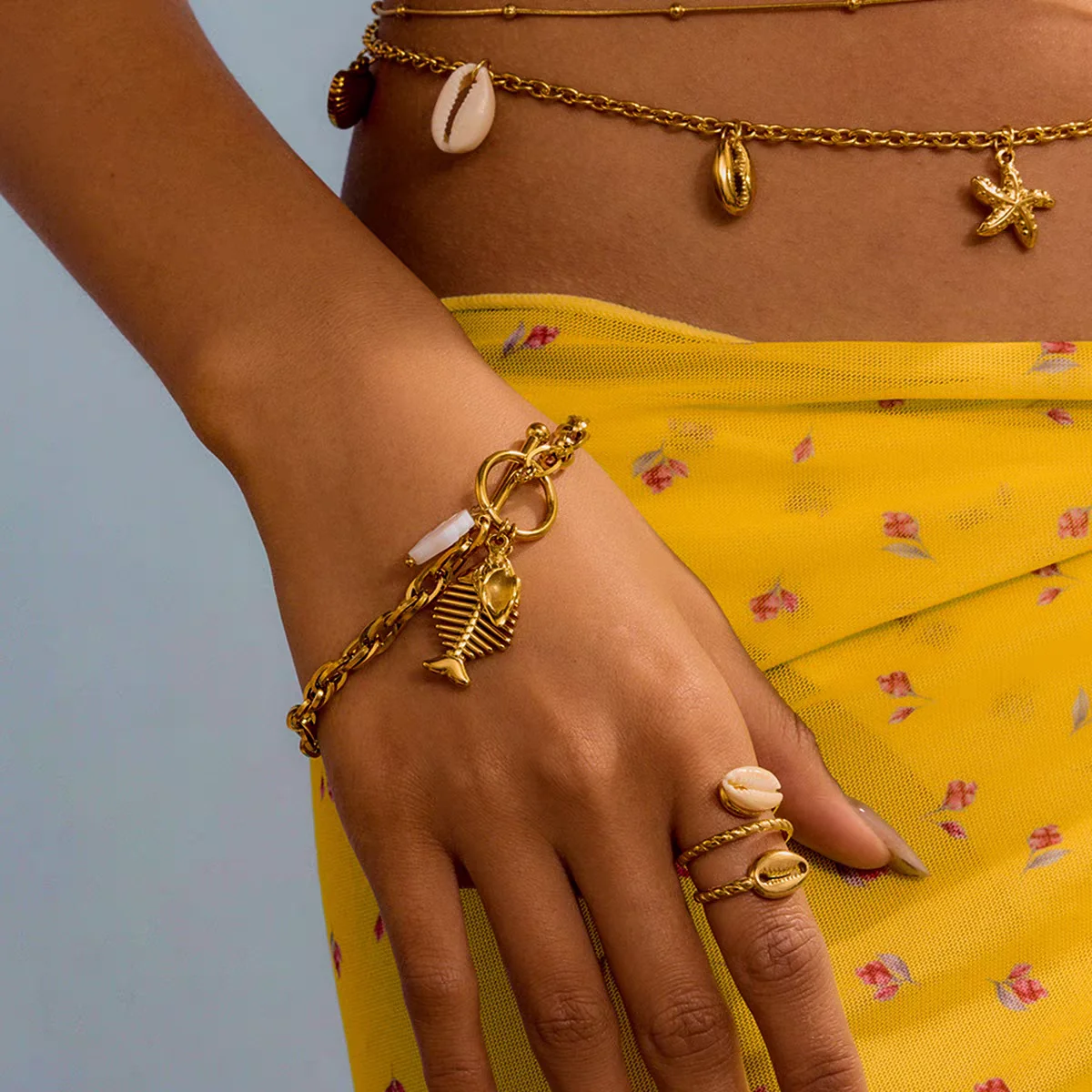 Beach-Inspired Marine Bracelet with Shell Conch Charms - High-Shine 18K Gold Plated Stainless Steel OT Clasp Wrist Jewelry