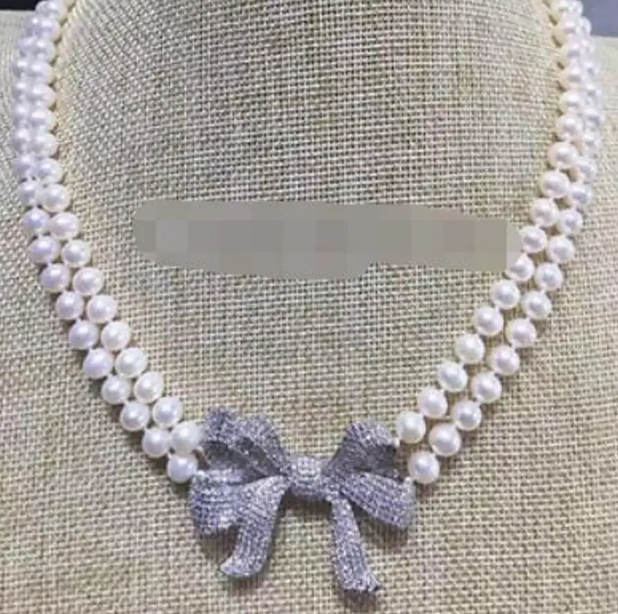 

2row 19-20" 8-9mm white round freshwater pearl necklace - zircon bowknot
