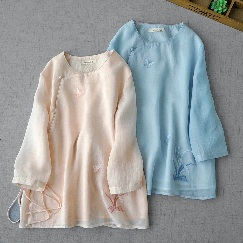 

104cm Bust, 65cm Length / Spring Summer Women Loose Chinese Style Embroidered Comfy Water Washed Thin Light Ramie Shirts/Blouses