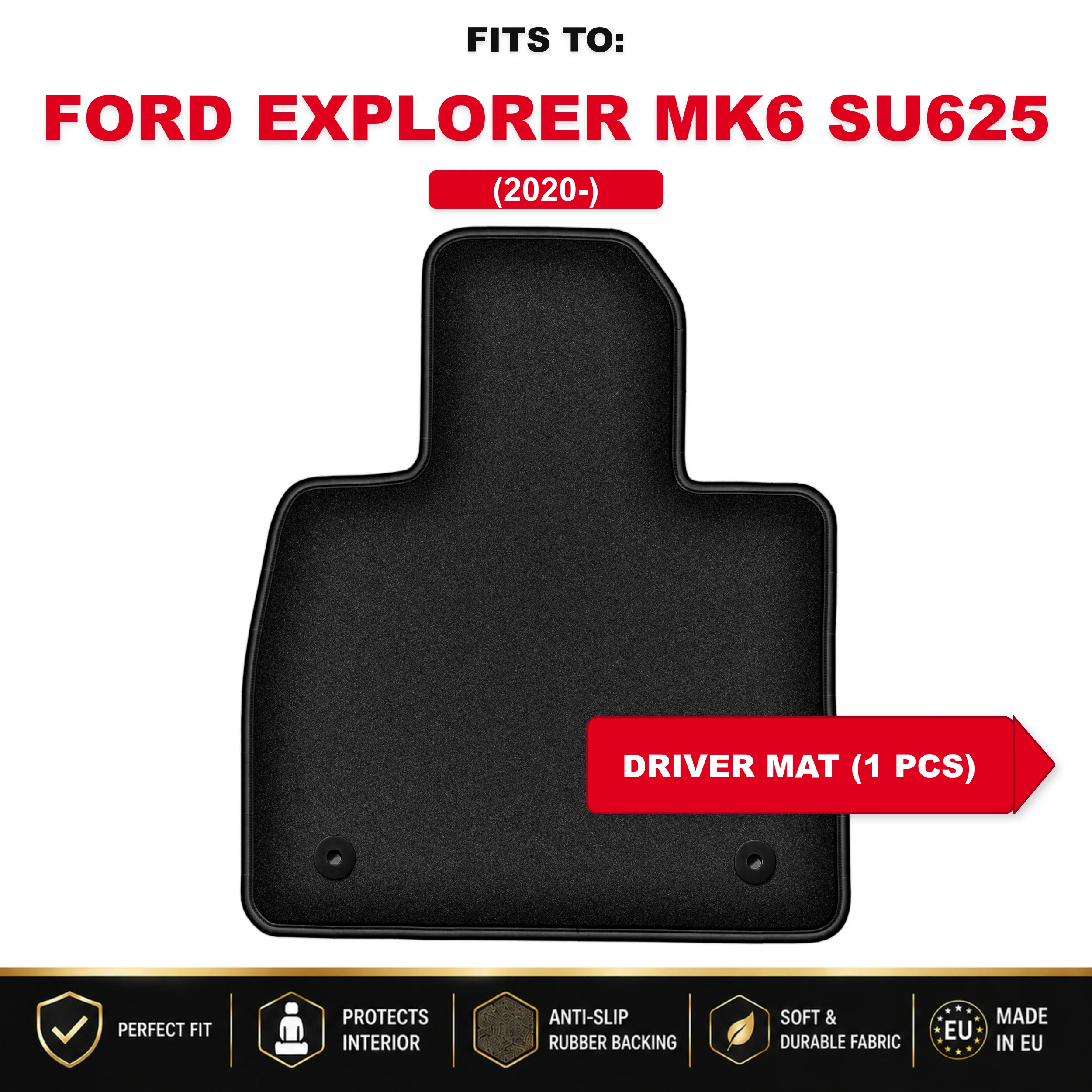 Tapis de sol en velours noir pour conducteur, pour Ford Explorer MK6 SU625 2020- SUV, 1 pièce sous les jambes du conducteur, adapté