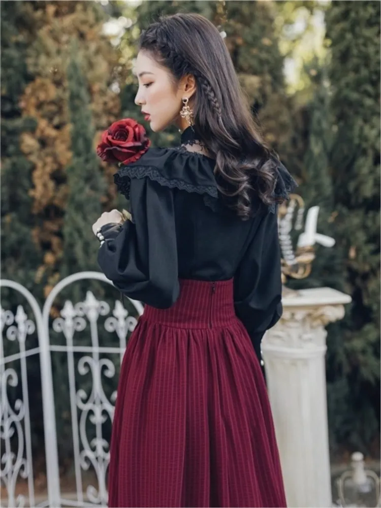 Vintage Gothic Two-Piece Skirt Sets Women Black Lace Ruffle Blouse Lace-up Midi Skirt Autumn New Court Retro Suits Y2k Outfits