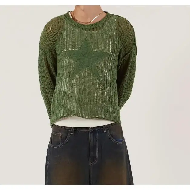 

Faionable Star Hollow out Loose Casual Knitted Sweater Women's Autumn New Arrival Ultra Thin Long Sve Polyester Blend