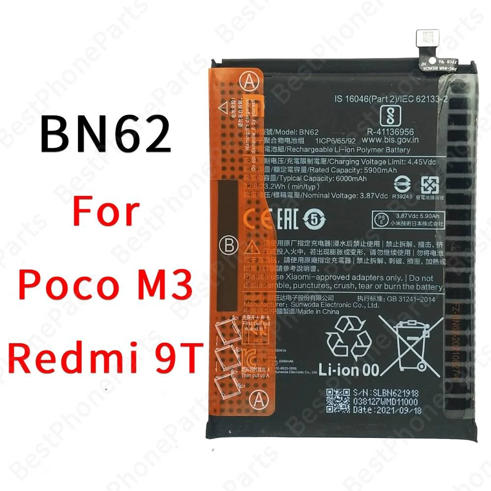 

Battery For Xiaomi Poco M3 Redmi 9T Replacement Li-ion Bateria 6000 mAh BN62 Cellphone Spare Parts