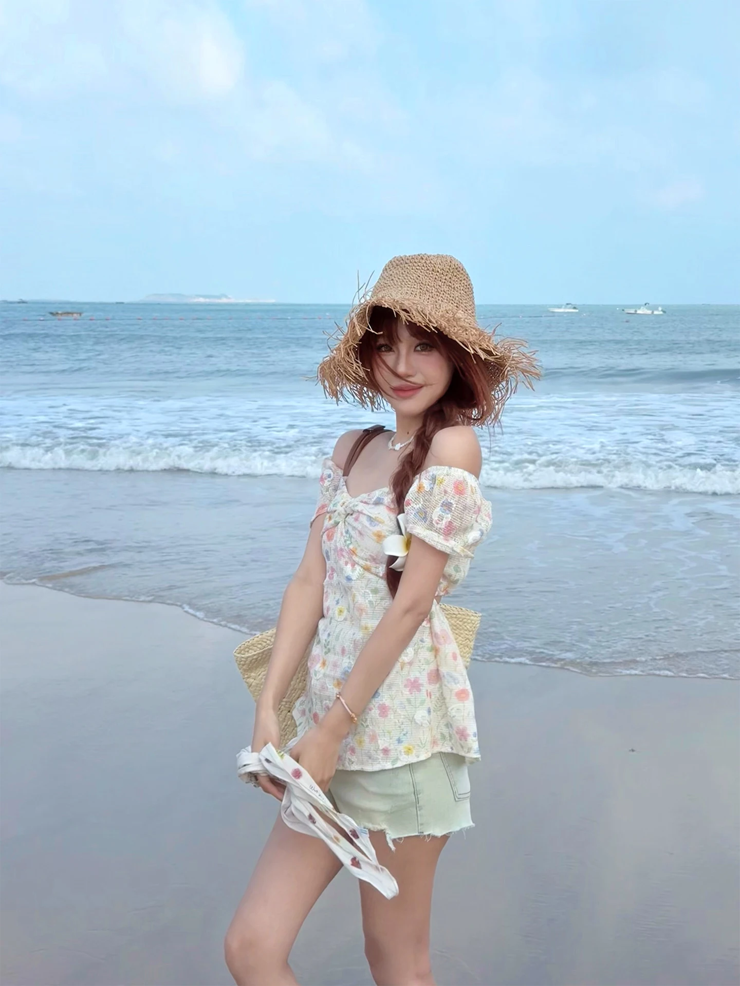 

AKSTUDIO oulder Bared Two Wear Ne Knot Design Floral Print irt Small Top Commute Sle Loose Fit Bubble Sve UV Pro...